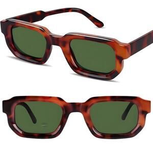 Retro Square Sunglasses Tortoise Frame Dark Green Lenses Chunky 70s Style
